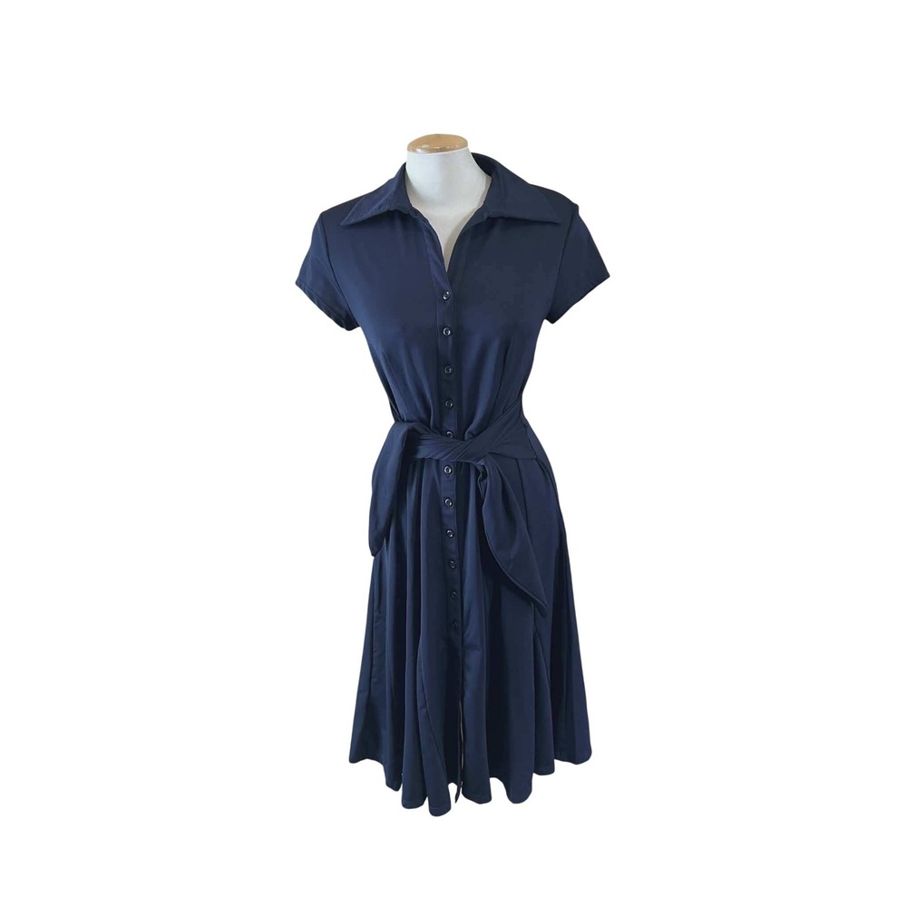 Navy‎ Blue Short Sleeve Button Down Shirt Dress with Tie Waist Size 8